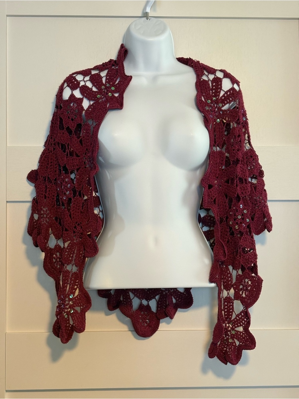 Crochet Lace Bolero Shrug in Deep Wine